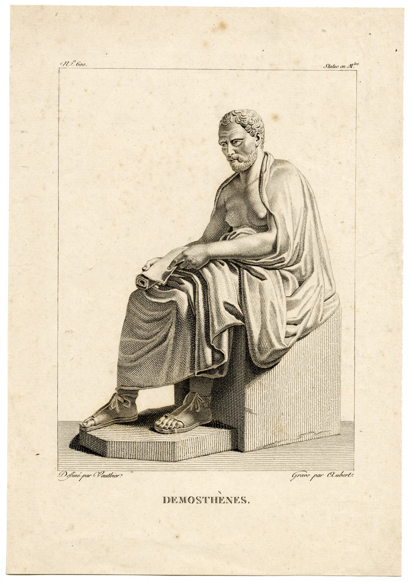 Demosthenes Statue, Greek Statesman & Orator – 18th-century engraving print