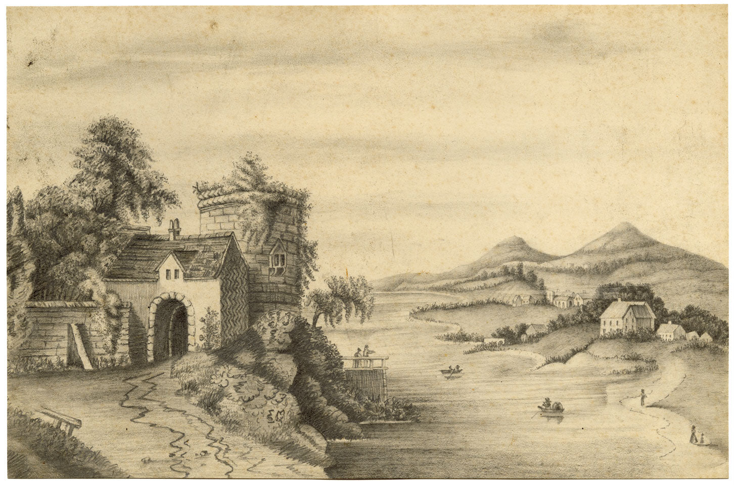 Lakeside Gatehouse &amp; Tower – Disegno originale a grafite dei primi anni del XIX secolo