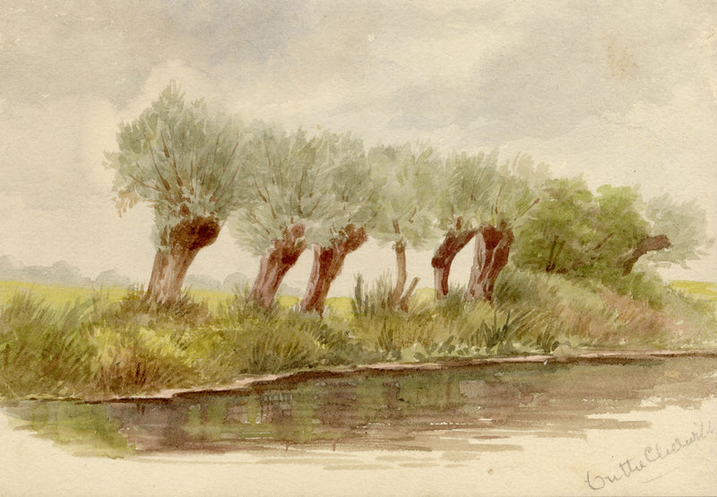 Cherwell River, Oxford, Pollarded Trees – late 19th-century watercolour painting