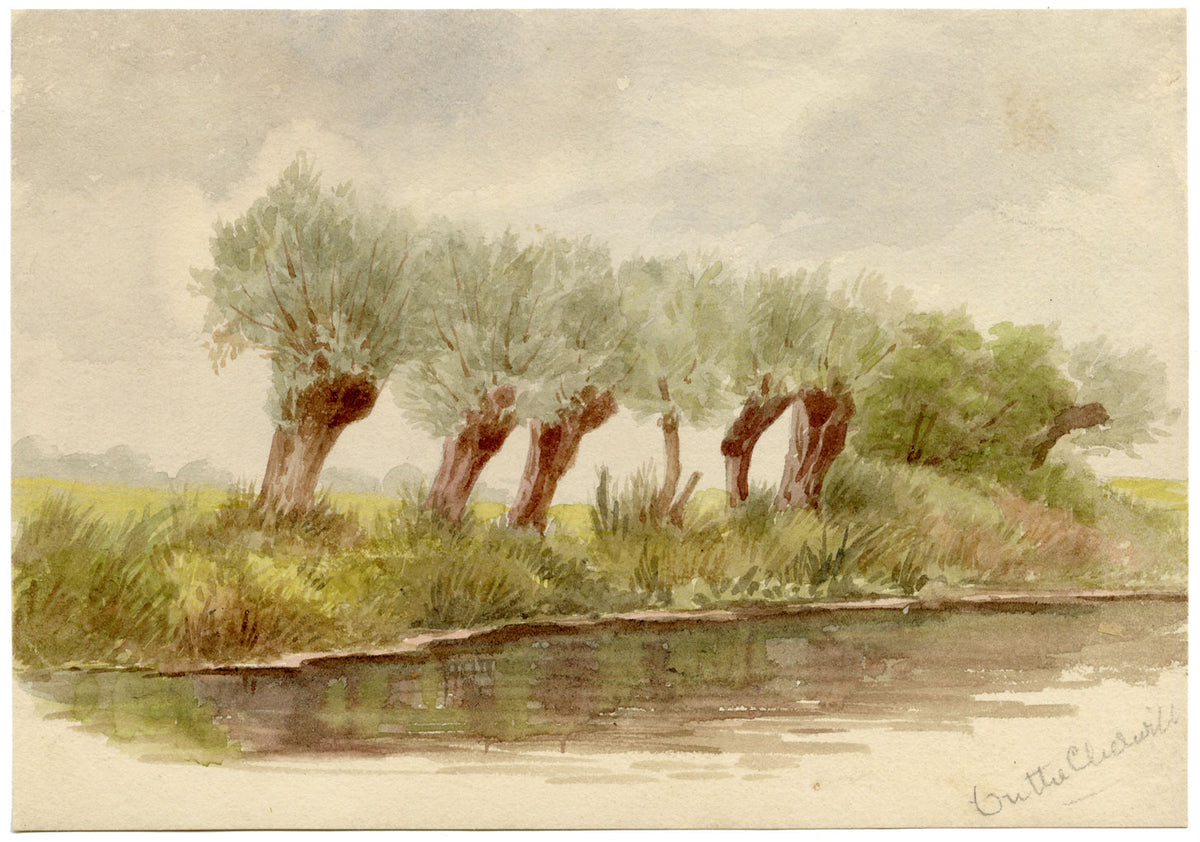 Fiume Cherwell, Oxford, alberi capitozzati – acquerello di fine Ottocento