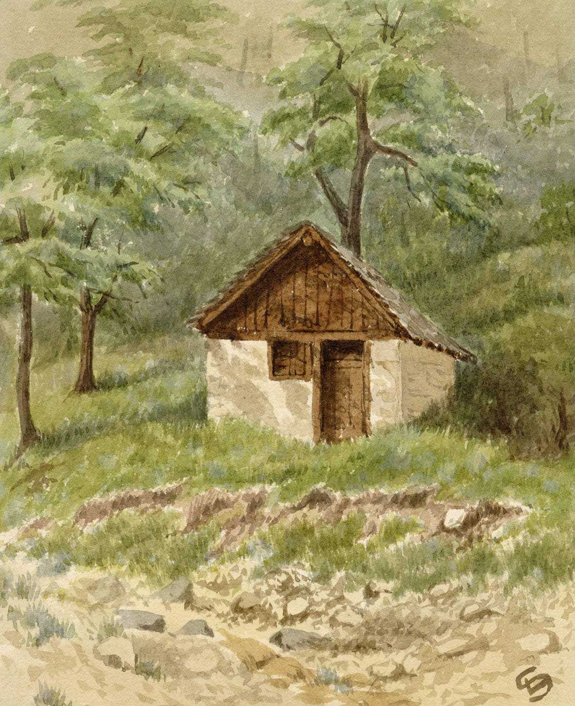 L.S., Hut by Lake Thun, Switzerland – late 19th-century watercolour painting