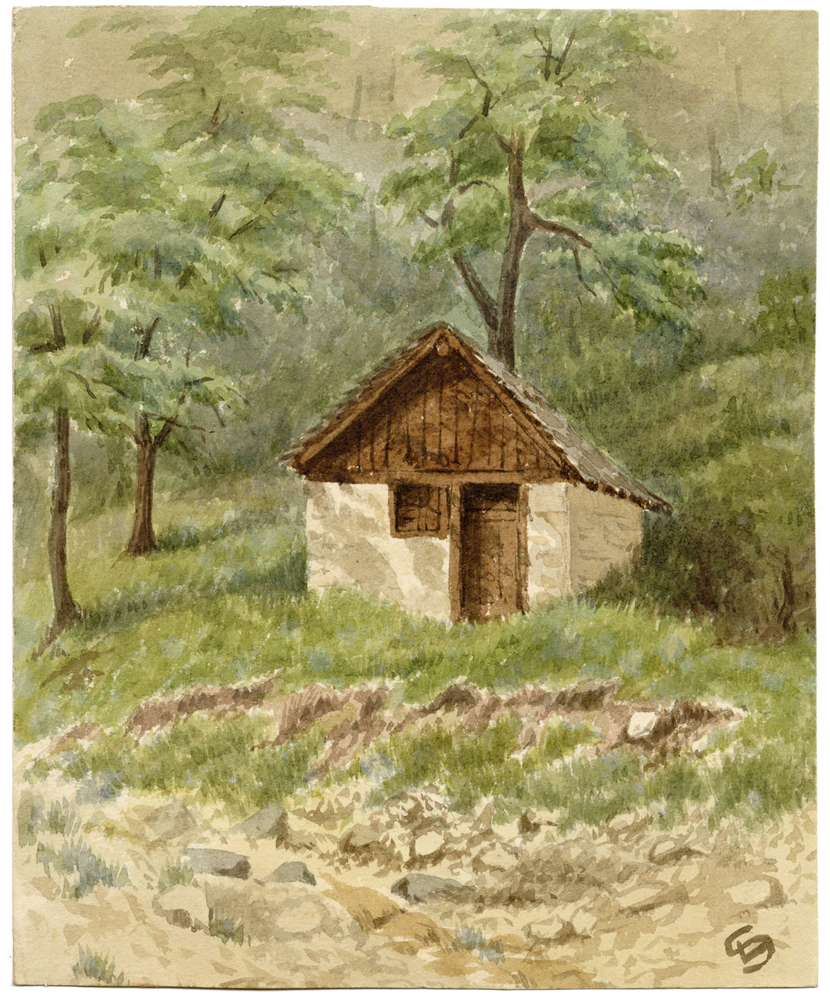 LS, Capanna sul lago di Thun, Svizzera – acquerello di fine Ottocento