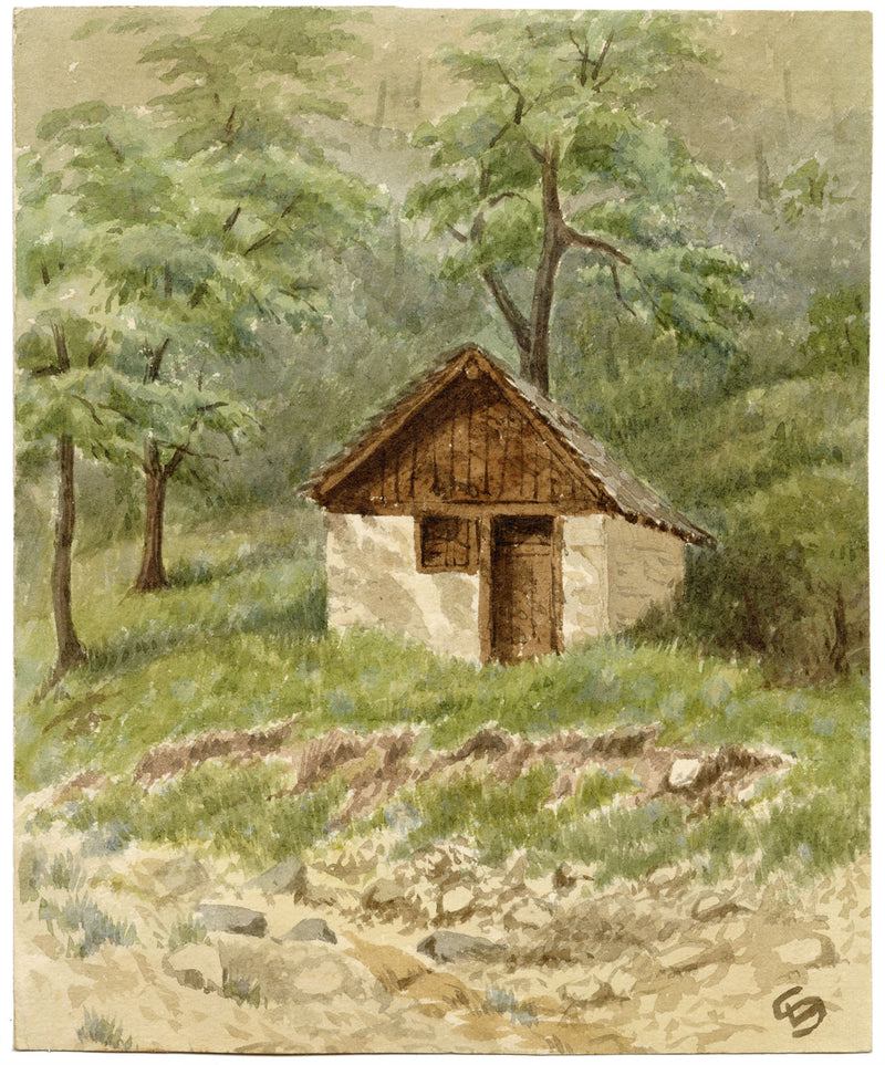 LS, Capanna sul lago di Thun, Svizzera – acquerello di fine Ottocento
