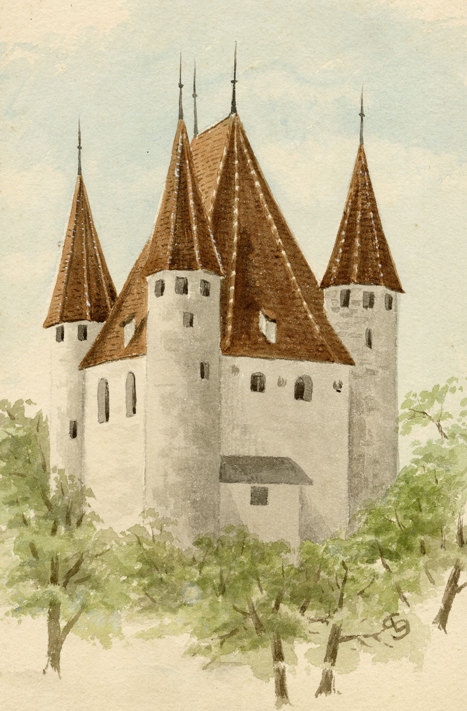 L.S., Thun Castle, Switzerland – Original late 19th-century watercolour painting