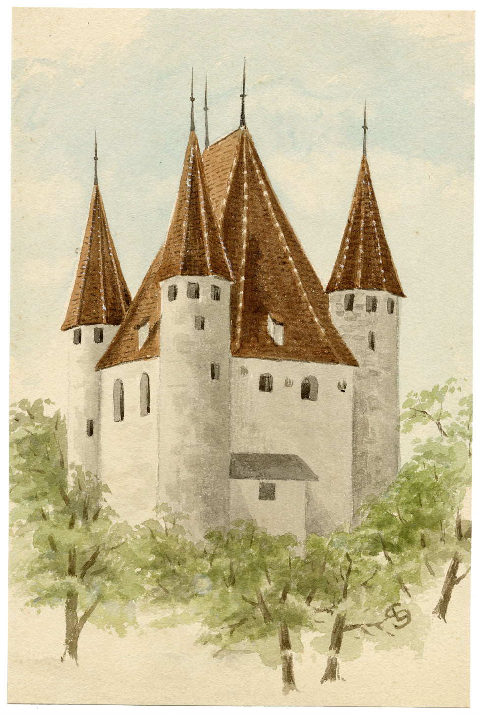 LS, Castello di Thun, Svizzera – Dipinto acquerello originale di fine Ottocento