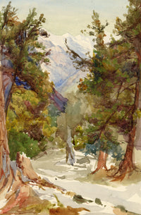 Alpine View with Trees – Original late 19th-century watercolour painting