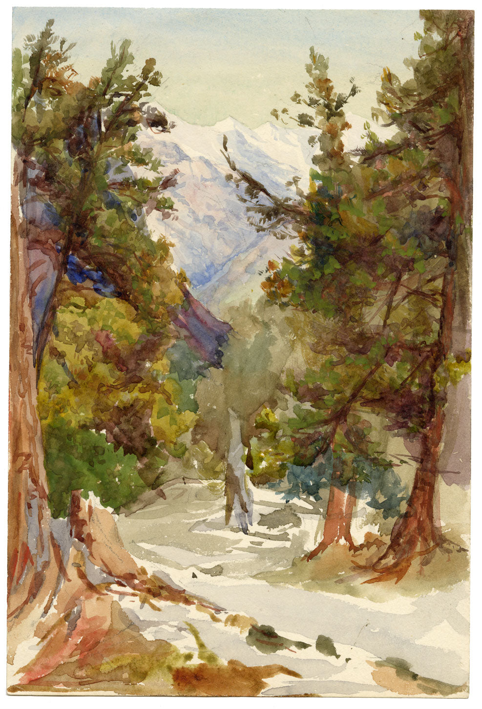 Alpine View with Trees – Original late 19th-century watercolour painting