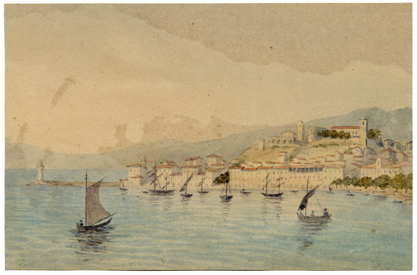 Cannes dalla baia, Costa Azzurra – Acquerello originale del XIX secolo