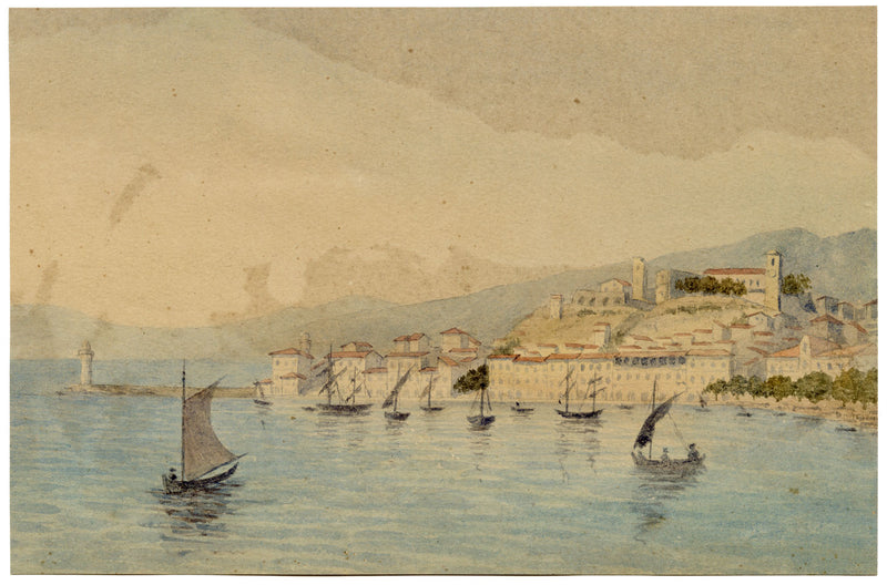 Cannes dalla baia, Costa Azzurra – Acquerello originale del XIX secolo