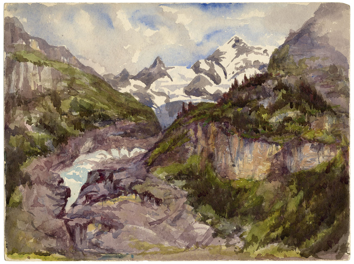 Alpine View with Glacial Waters, Switzerland – 19th-century watercolour painting