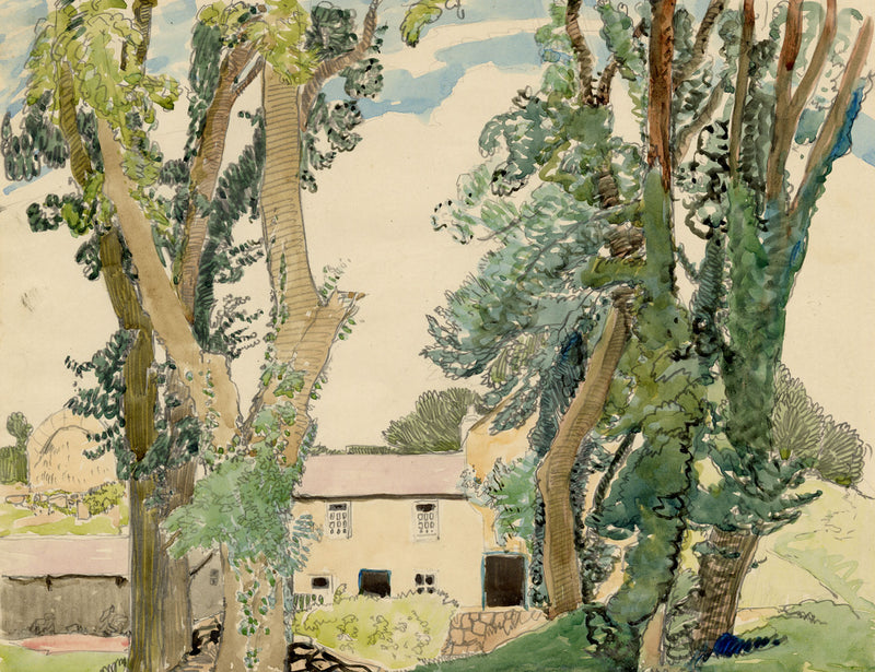 Eleanor Hughes RI, Farmhouse through Trees, East Sussex – 1920 watercolour