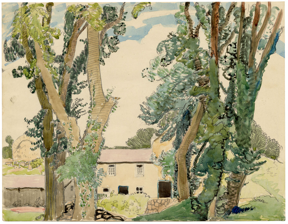 Eleanor Hughes RI, Farmhouse through Trees, East Sussex – 1920 watercolour