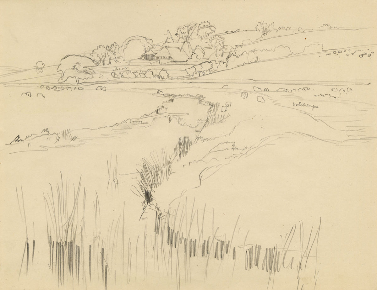 Eleanor Hughes RI, Udimore Landscape, East Sussex – 1920 graphite drawing