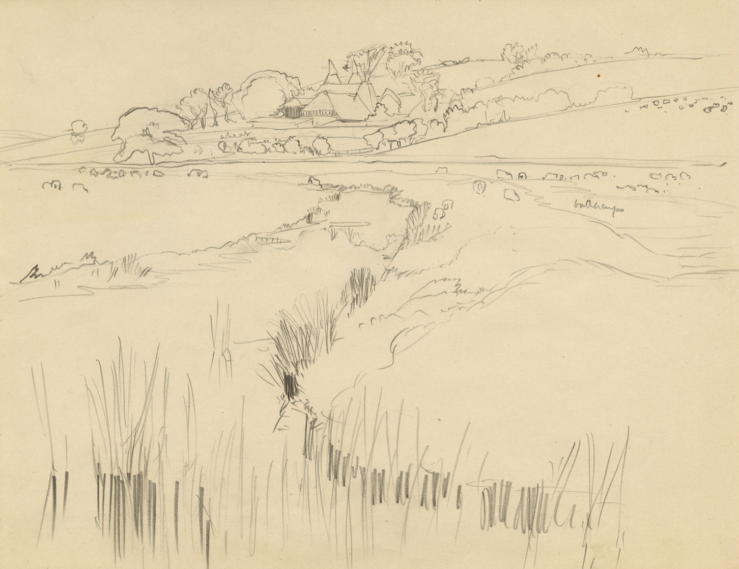 Eleanor Hughes RI, Udimore Landscape, East Sussex – 1920 graphite drawing