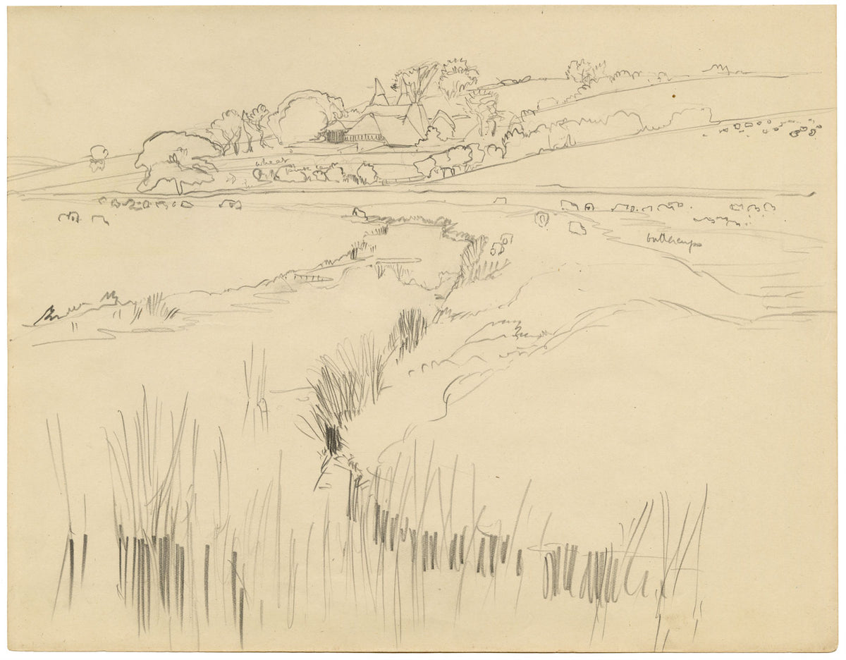 Eleanor Hughes RI, Udimore Landscape, East Sussex – disegno a grafite del 1920