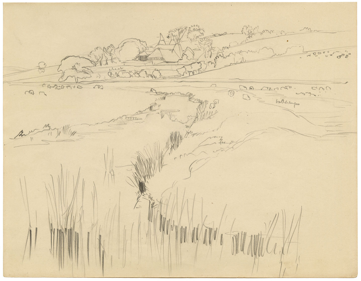 Eleanor Hughes RI, Udimore Landscape, East Sussex – 1920 graphite drawing