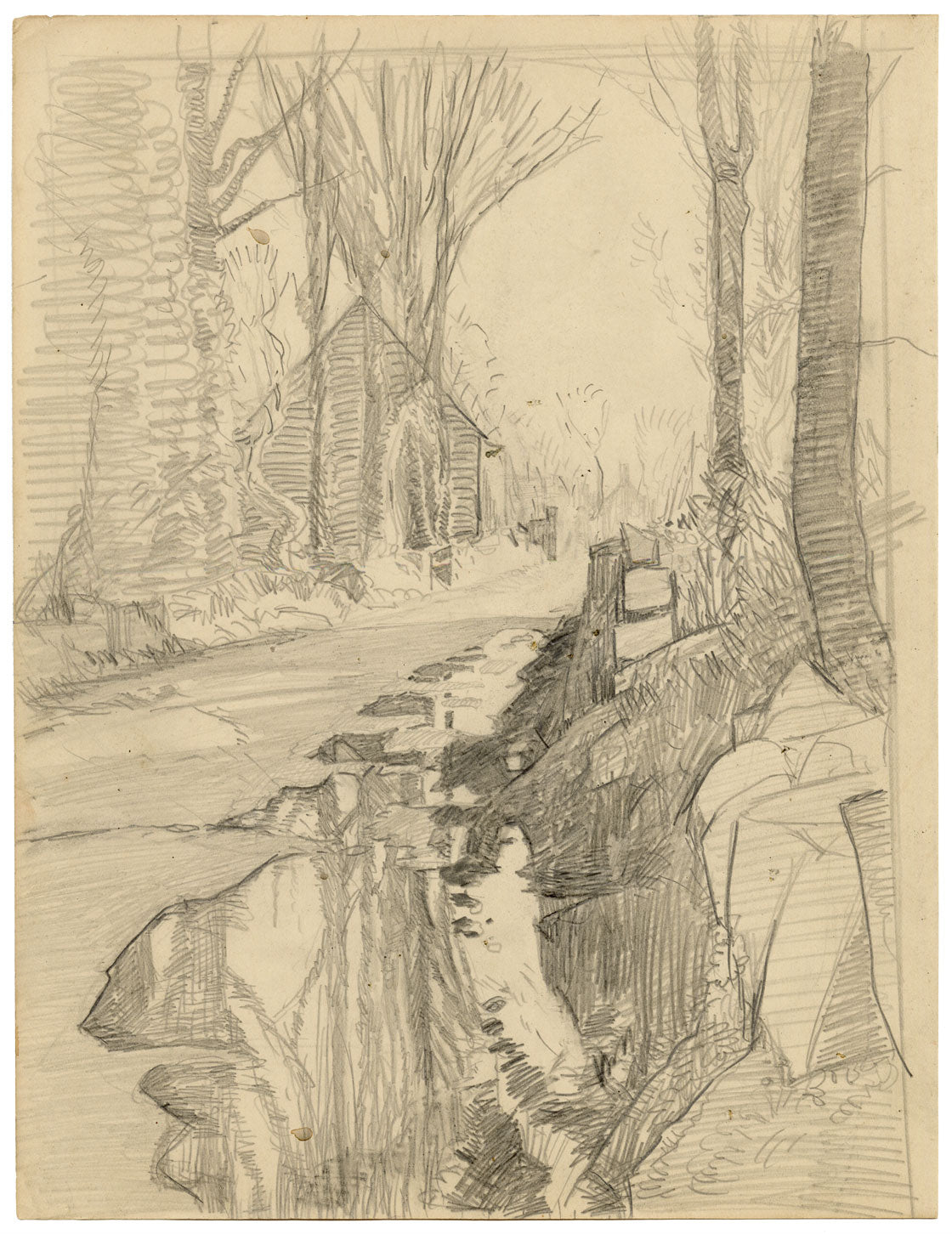 Eleanor Hughes RI, Strada rurale con riflessi di alberi – disegno a grafite del 1920