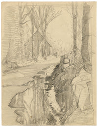 Eleanor Hughes, RI, Camino rural con reflejos de árboles – Dibujo a grafito de 1920