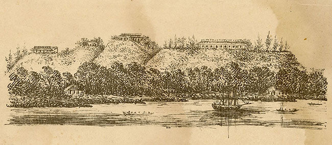 Bungalows along Karnaphuli River, Chittagong, Bengal – c.1840s wood engraving