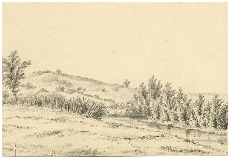 Jane Hester Ricketts, río Itchen cerca de Winchester – dibujo a grafito de la década de 1840