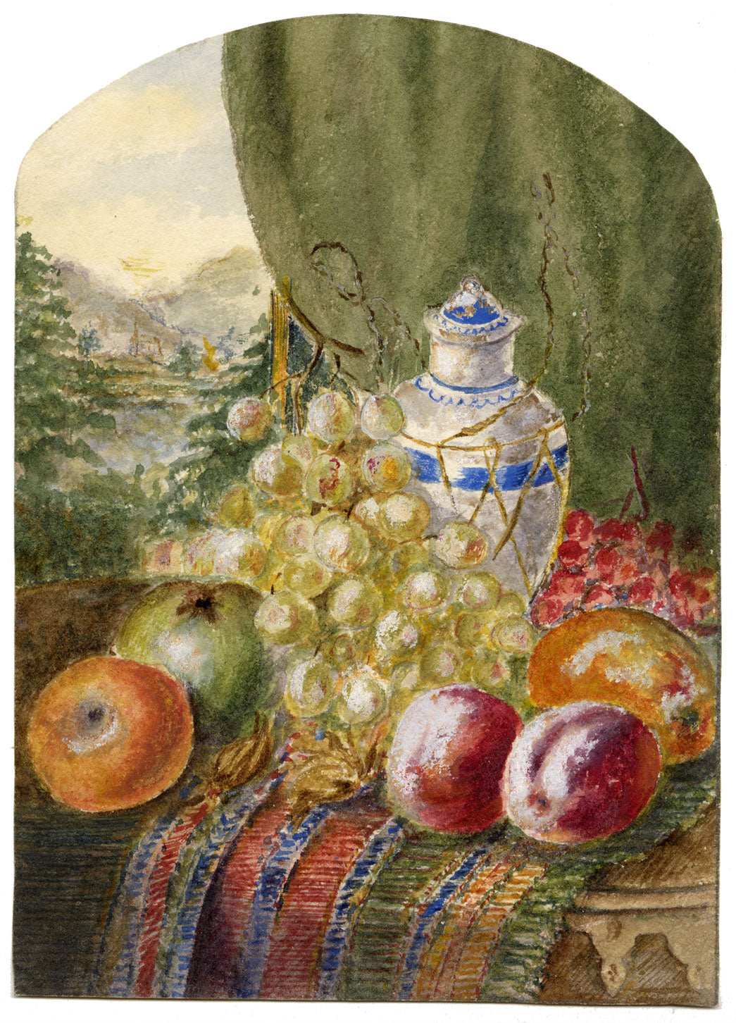 Natura morta con barattolo di zenzero e frutta – acquerello di fine Ottocento