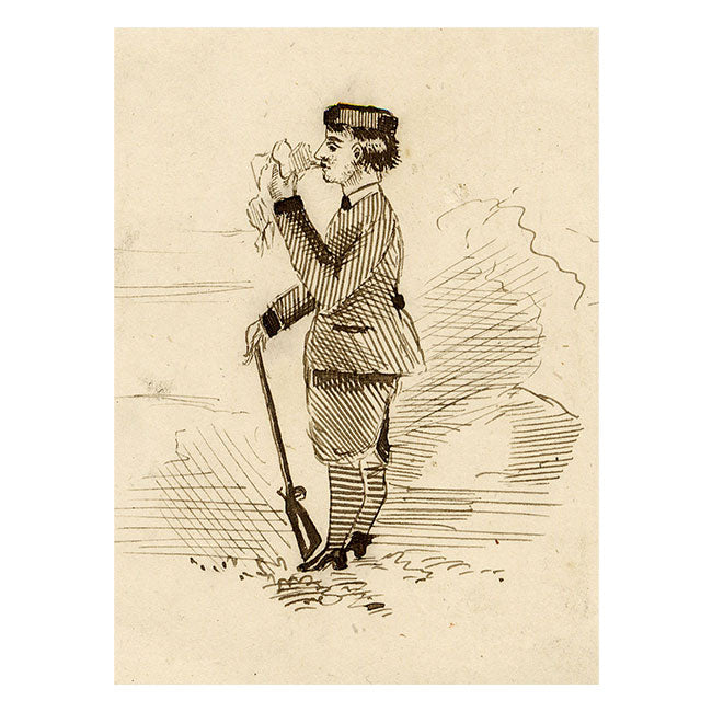 Huntsman with Rifle in Miniature – Original late 19th-century pen & ink drawing