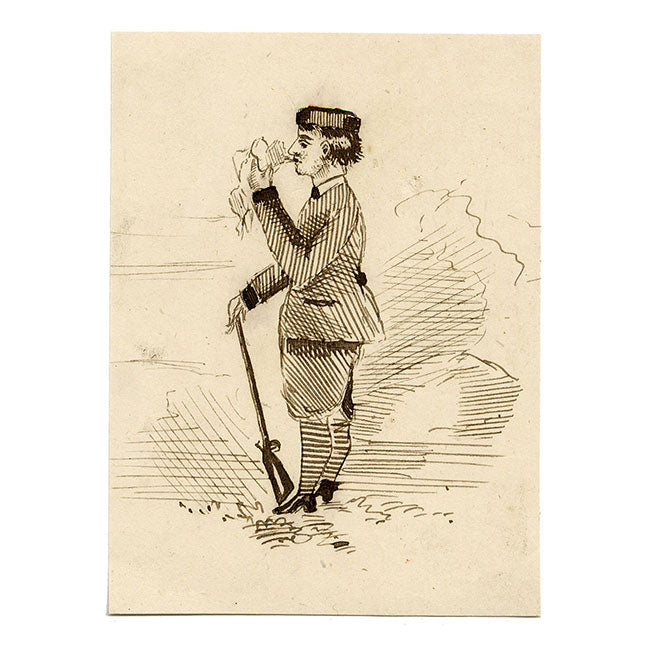 Huntsman with Rifle in Miniature – Original late 19th-century pen & ink drawing