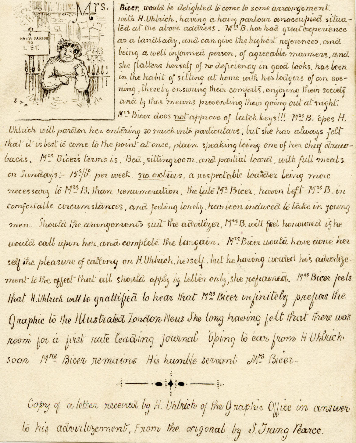 Satirical Handwritten Letter to The Graphic Newspaper – late 19th-century