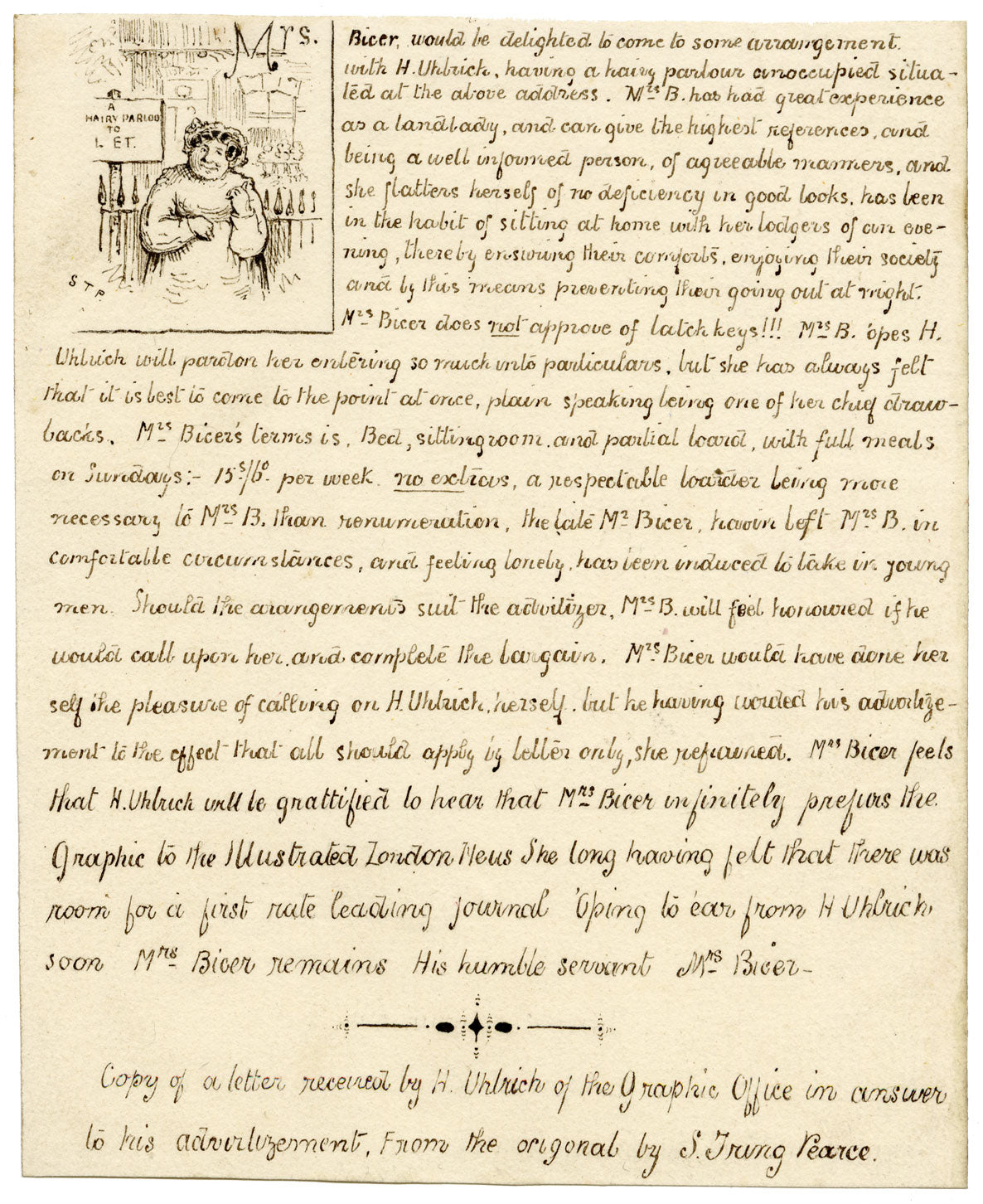 Lettera satirica manoscritta al Graphic Newspaper – fine del XIX secolo