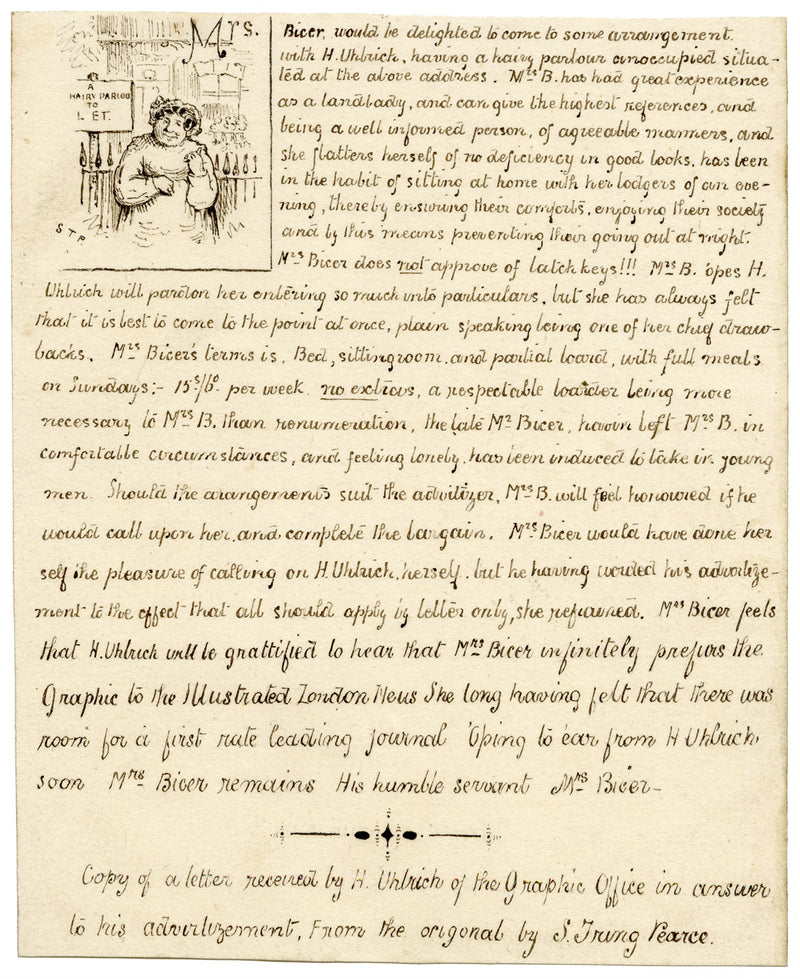 Lettera satirica manoscritta al Graphic Newspaper – fine del XIX secolo
