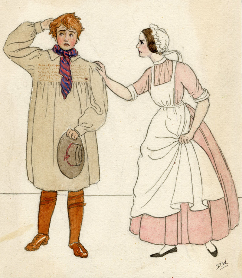 D.W., Kate Greenaway-style Farm Boy & Maid – late C19th watercolour painting