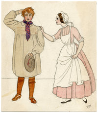 DW, Ragazzo di fattoria e cameriera nello stile di Kate Greenaway – acquerello di fine XIX secolo