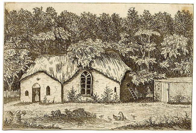The Hon. Booth Grey, Thatched Cottage with Chickens – late 18th-century etching