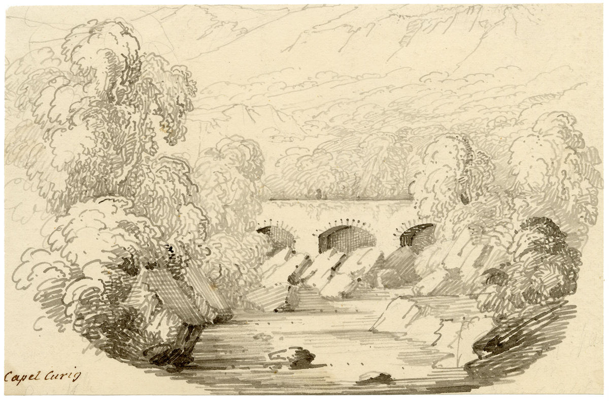 Charlotte Price, Ponte sul Llugwy, Capel Curig, Galles – disegno a inchiostro del 1840