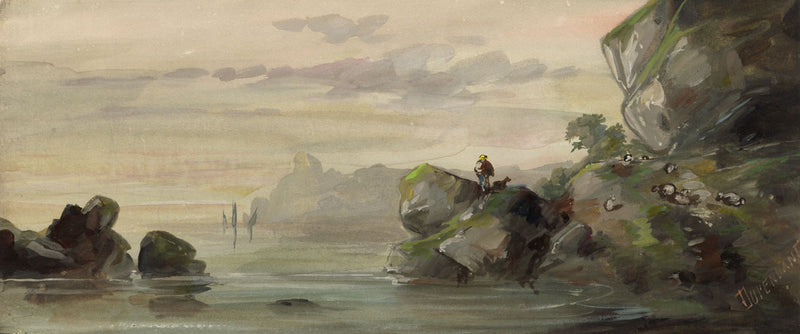 Alexandre Dupendant, Vision of Peace; Figure on Coast – c.1870 gouache painting