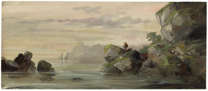 Alexandre Dupendant, Vision of Peace; Figure on Coast – c.1870 gouache painting