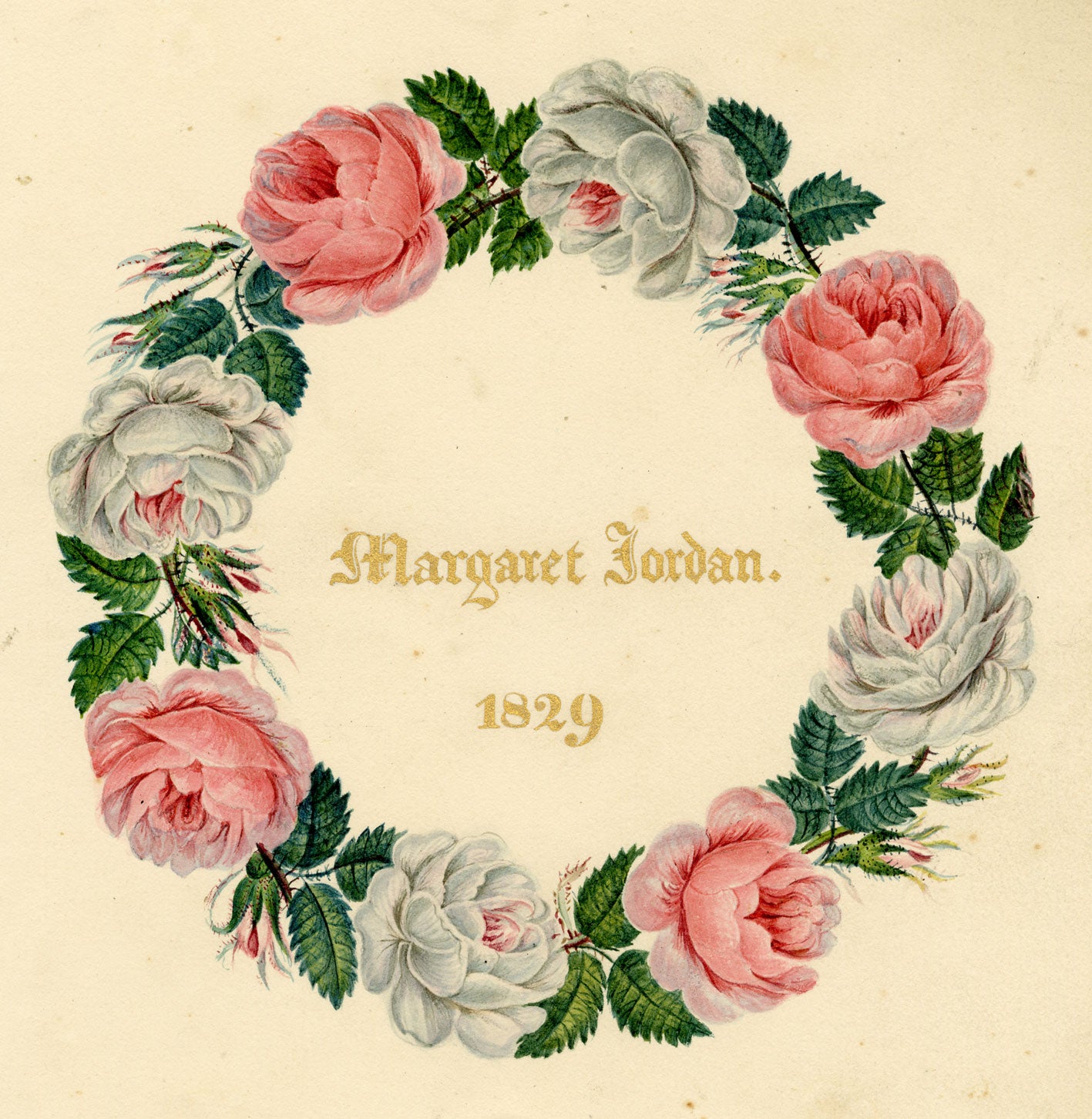 Pink Rose Garland Dedication – Original 1829 watercolour painting