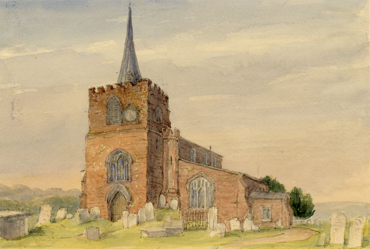 Jane D. Harvey, Red Stone Church with Tower & Spire – mid-C19th watercolour