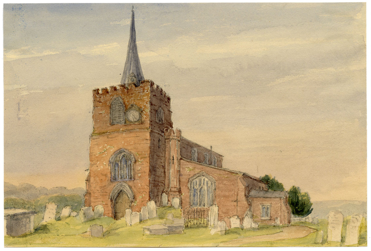 Jane D. Harvey, Red Stone Church with Tower & Spire – mid-C19th watercolour