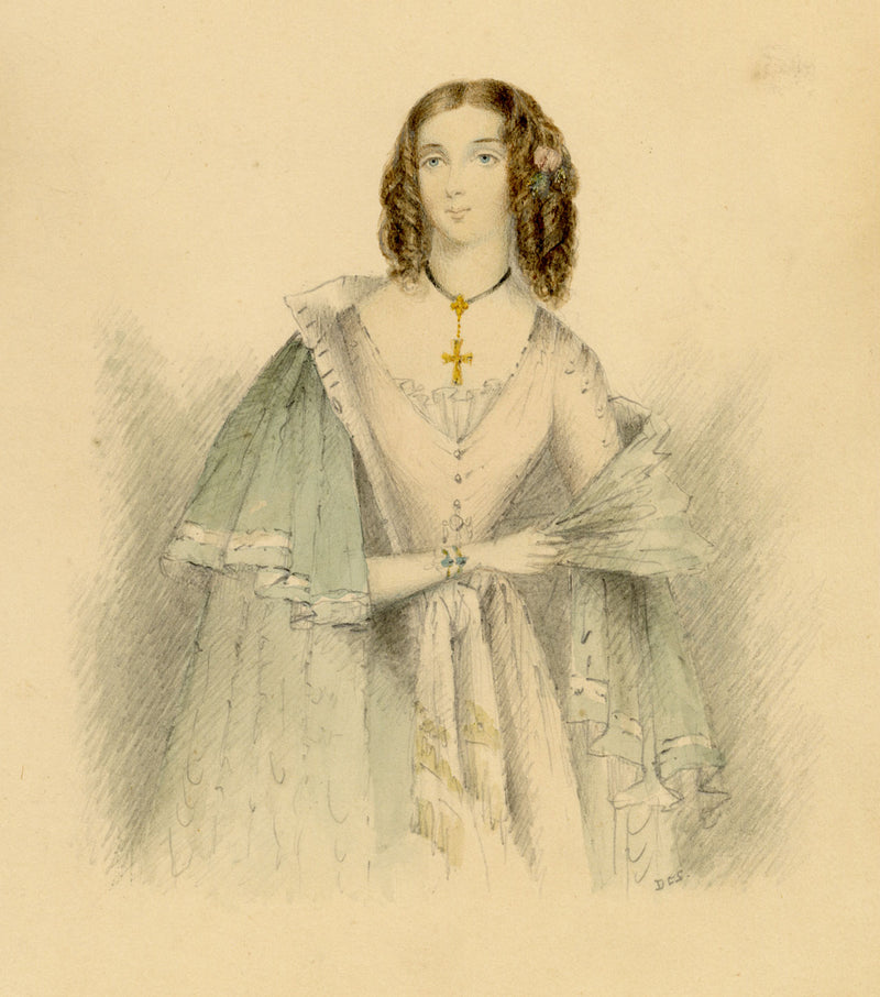 D.E.S., Portrait of a Lady with Cross Pendant – early C19th watercolour