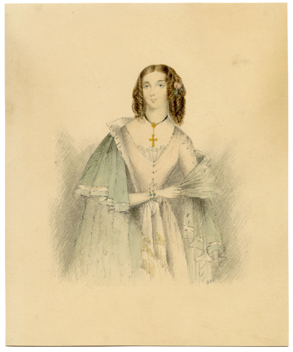 D.E.S., Portrait of a Lady with Cross Pendant – early C19th watercolour