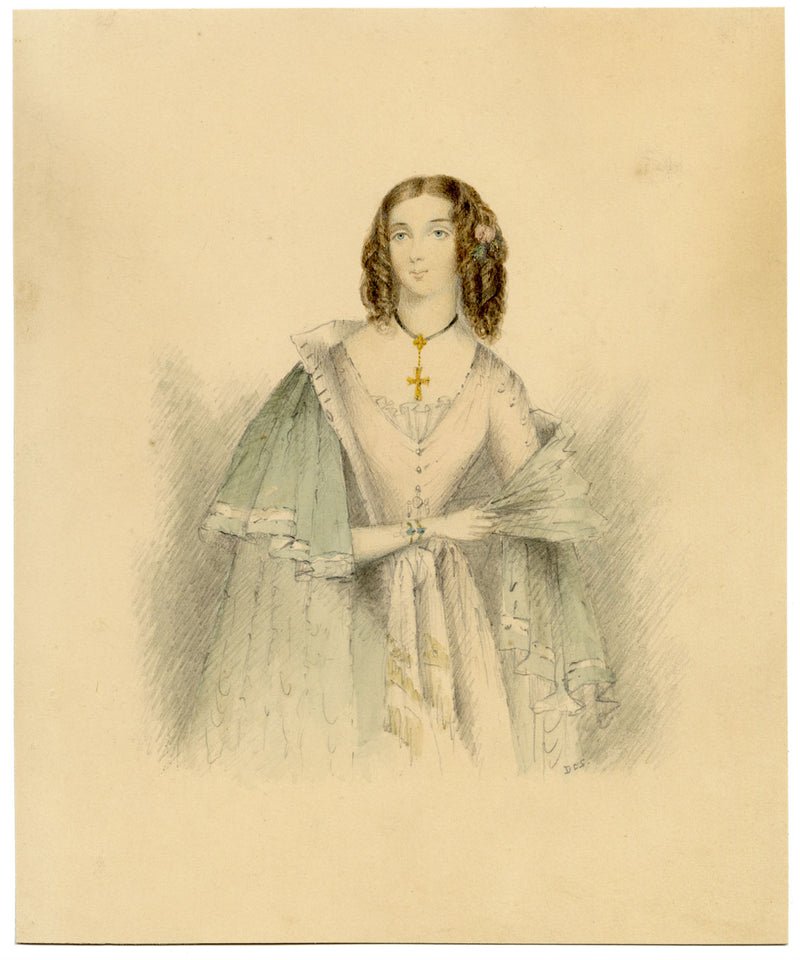 D.E.S., Portrait of a Lady with Cross Pendant – early C19th watercolour