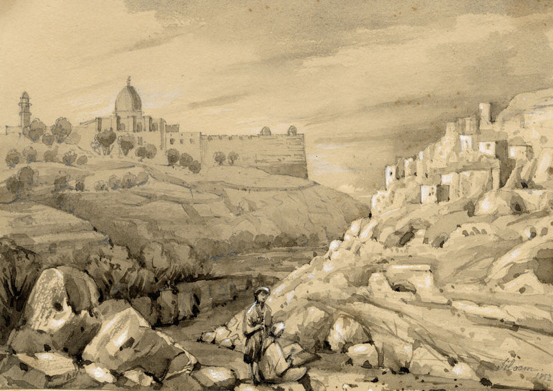 Isabella Foster, Siloam, Temple Mount & Kidron Valley, Jerusalem – 1852 drawing