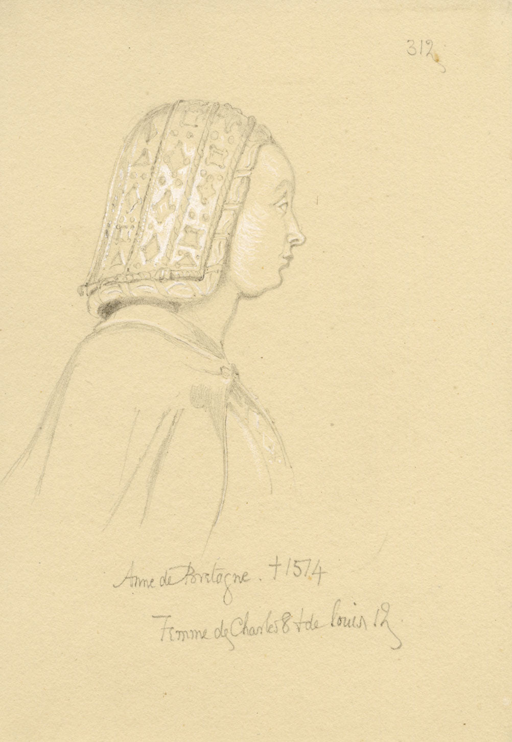 William J. Tipping, Portrait of Anne de Bretagne – 1856 graphite drawing