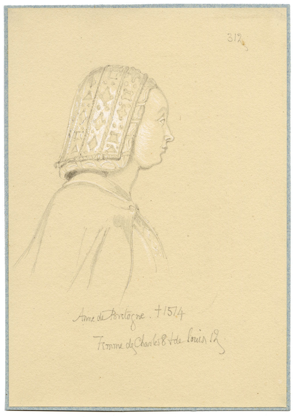 William J. Tipping, Portrait of Anne de Bretagne – 1856 graphite drawing