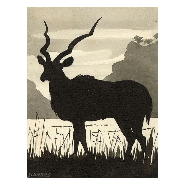 Leland M. Dundas, Eland Antelope Silhouette, Africa – 1920s watercolour painting