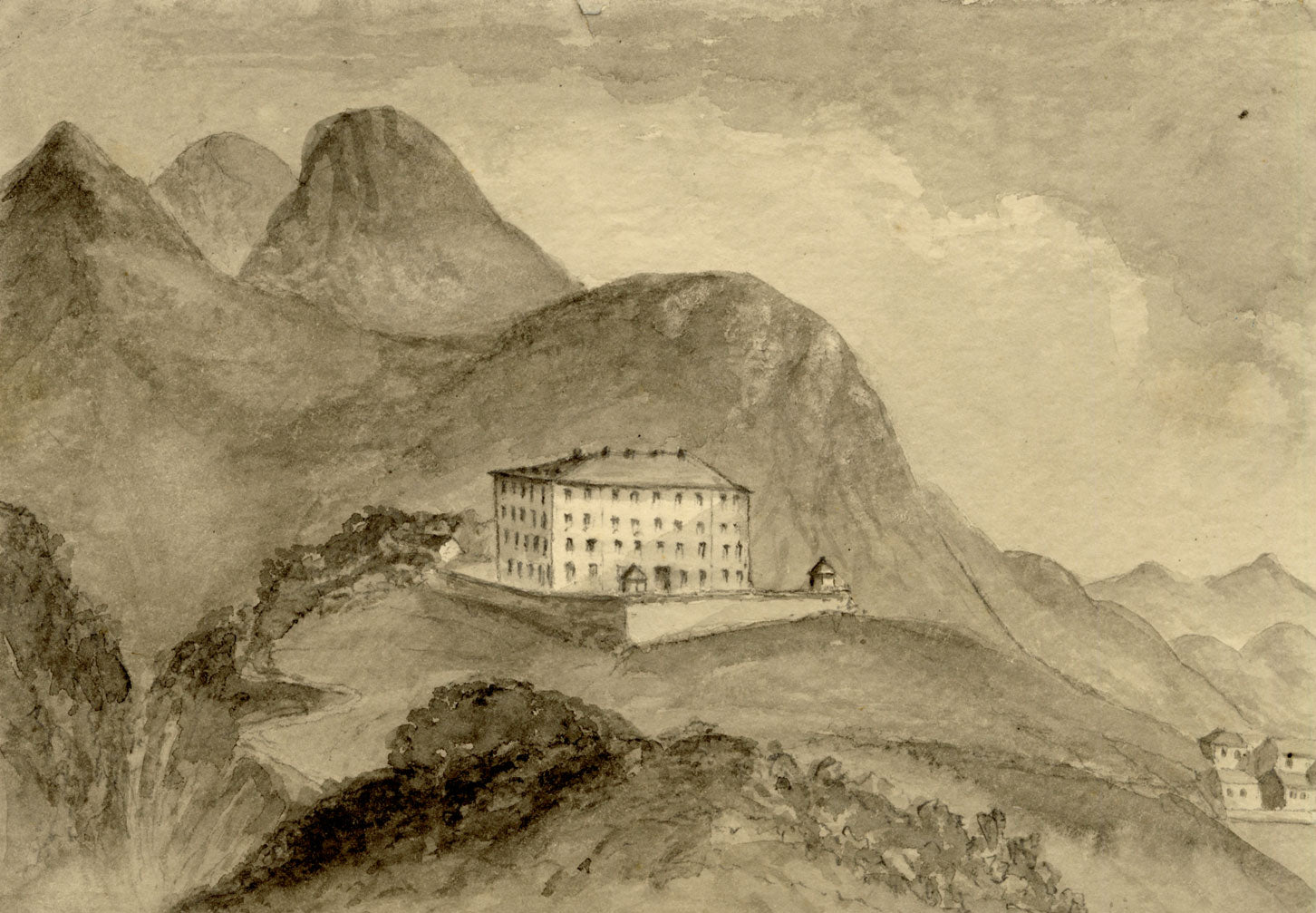 Monte Generoso Hotel, Swiss Italian Alps – Original 1868 watercolour painting