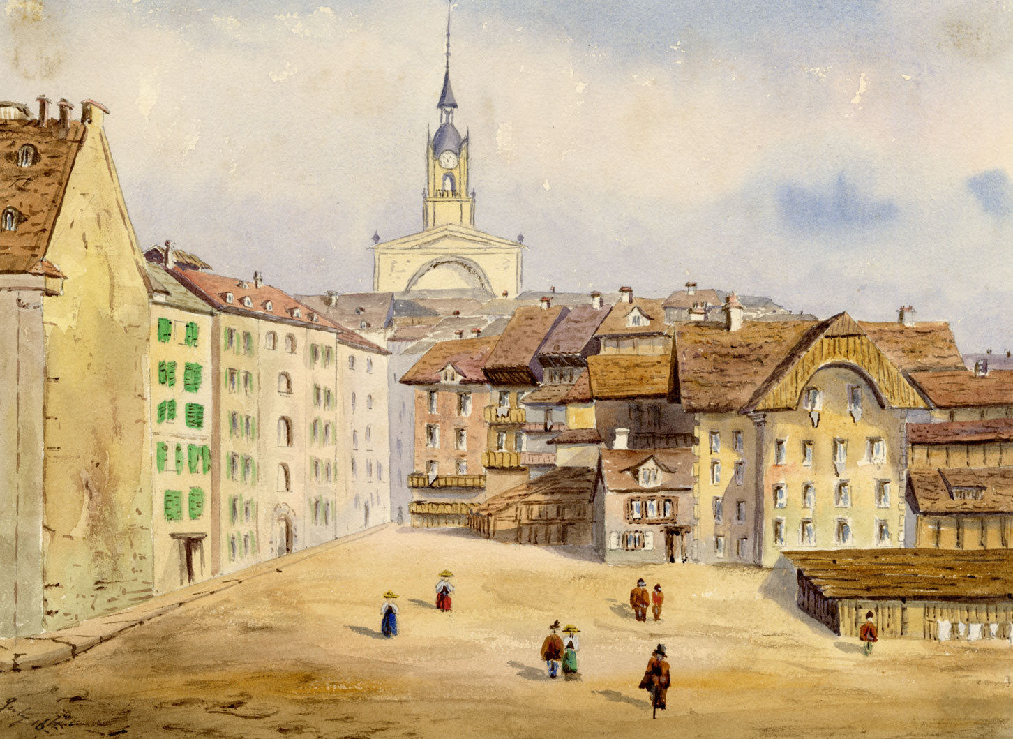 Bern Town Square, Switzerland – Original 1863 watercolour painting