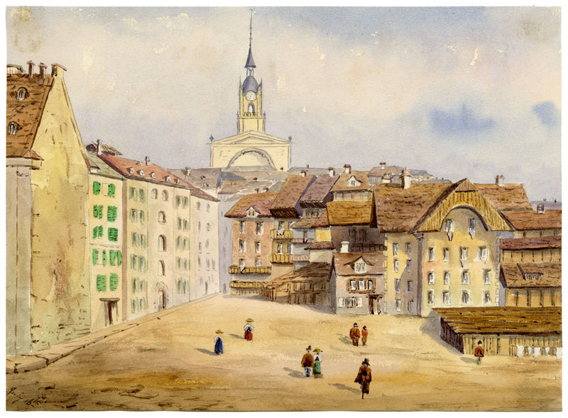Bern Town Square, Switzerland – Original 1863 watercolour painting