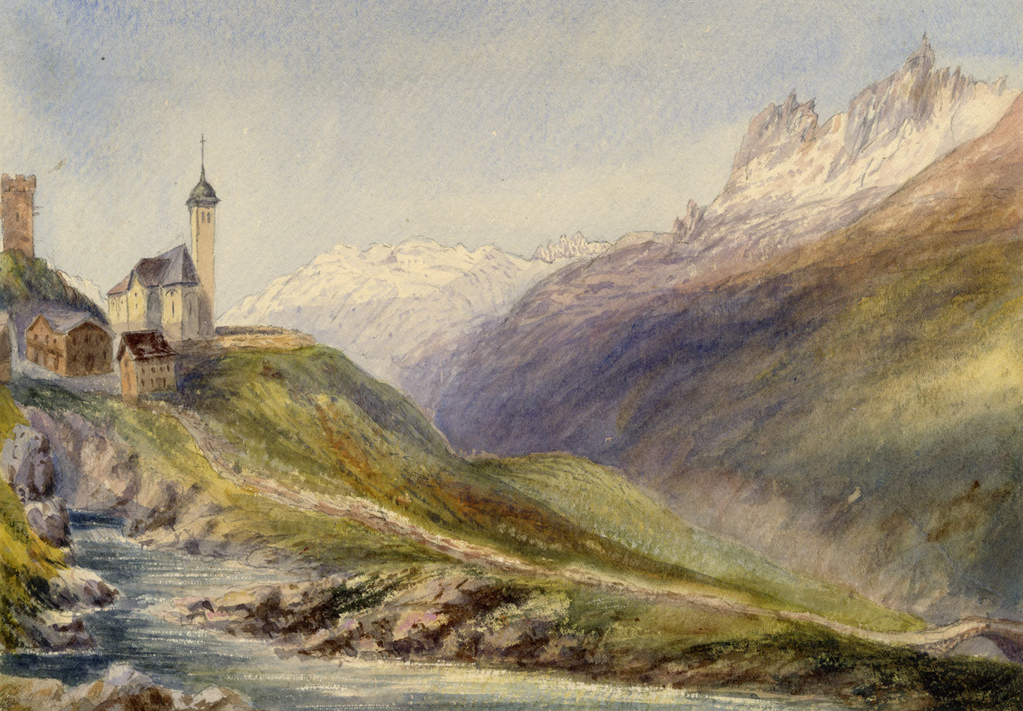 St Gotthard Pass from Meyerhof, Hospental, Swiss Alps –1868 watercolour painting